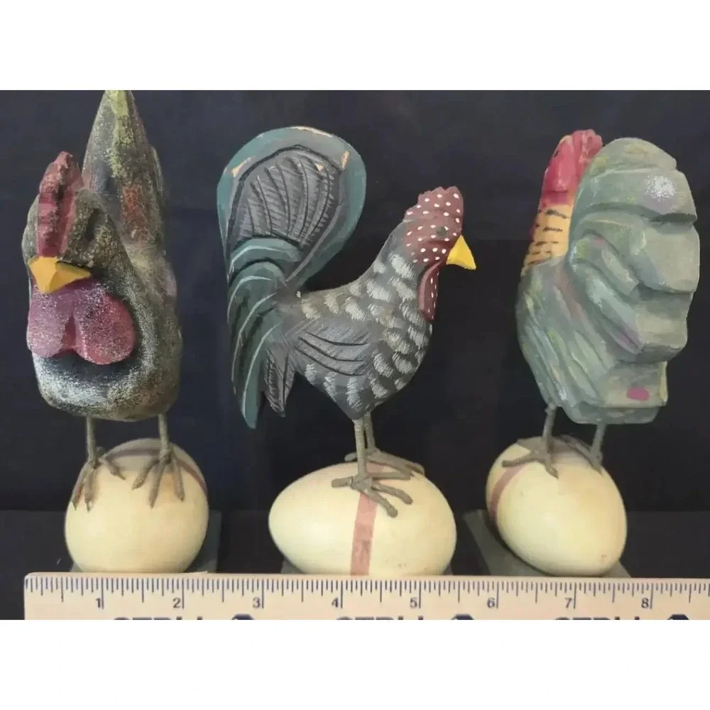 Set of 3 Decorative Roosters Sitting on Eggs